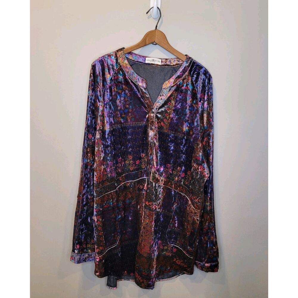 Natural Life Floral Velvet Long Sleeve Button Up Top Size XXL Boho Cottagecore